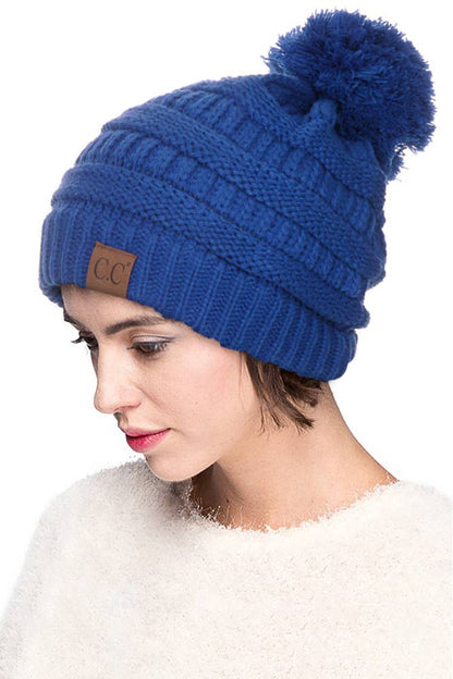 C.C Solid Classic Cable Knit Beanie With Pom Winter Hat