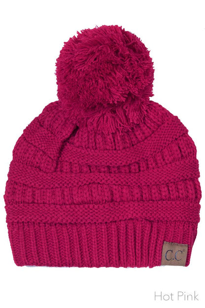 C.C Solid Classic Cable Knit Beanie With Pom Winter Hat