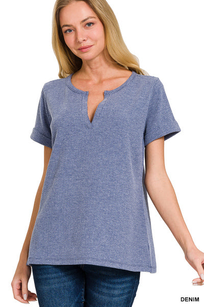 V-Neck Waffle Melage Short Sleeve Top