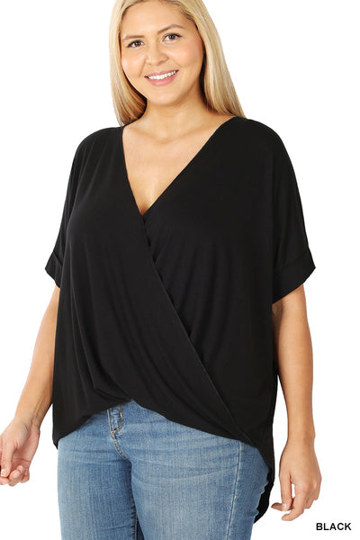 Crepe Drape Black V-Neck Short Sleeve Top - Plus