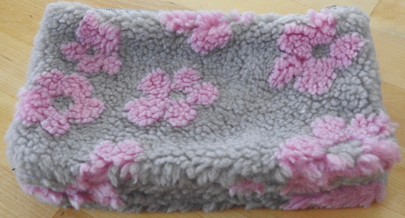 Fleece Gray & Pink Flowered Make Up Pouch