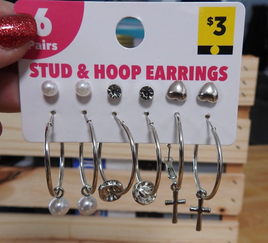 Earrings Studs & Hoops - 6 Pair