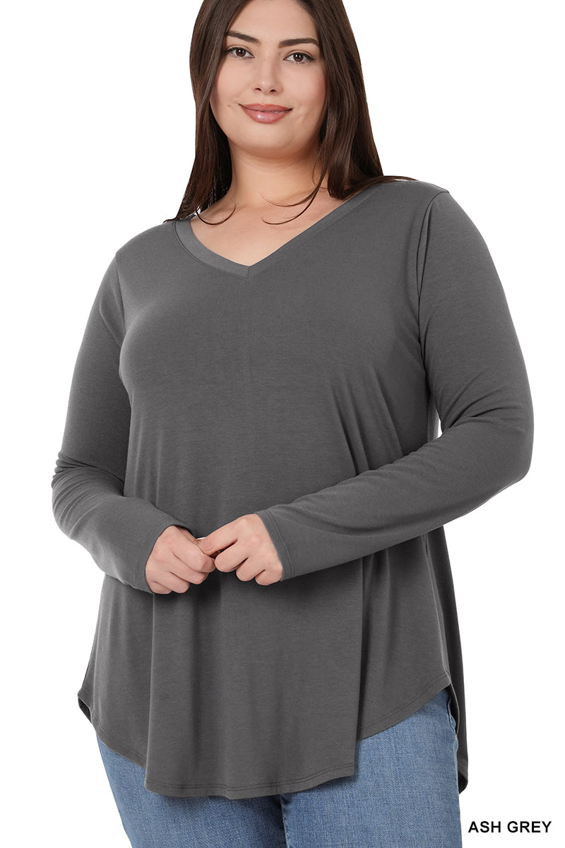 Plus Brushed Microfiber Long Sleeve V-Neck Tee