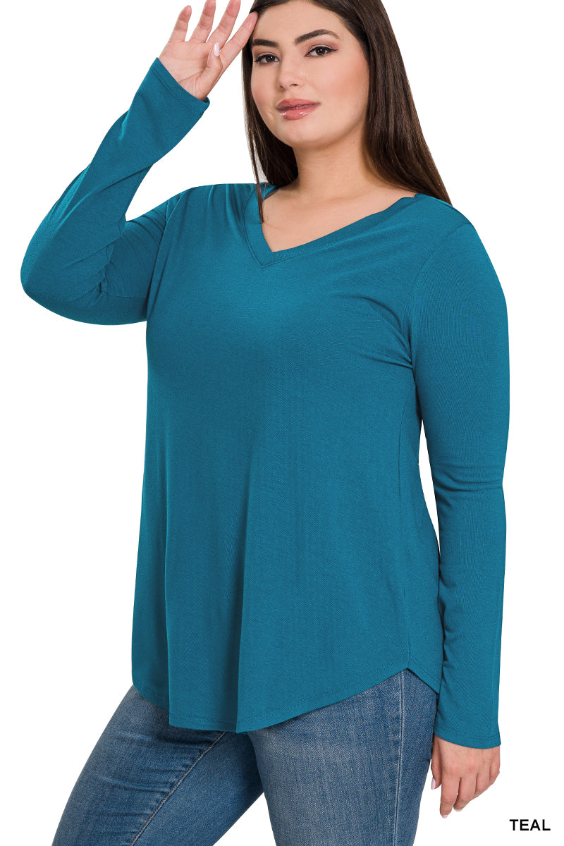 Plus Brushed Microfiber Long Sleeve V-Neck Tee