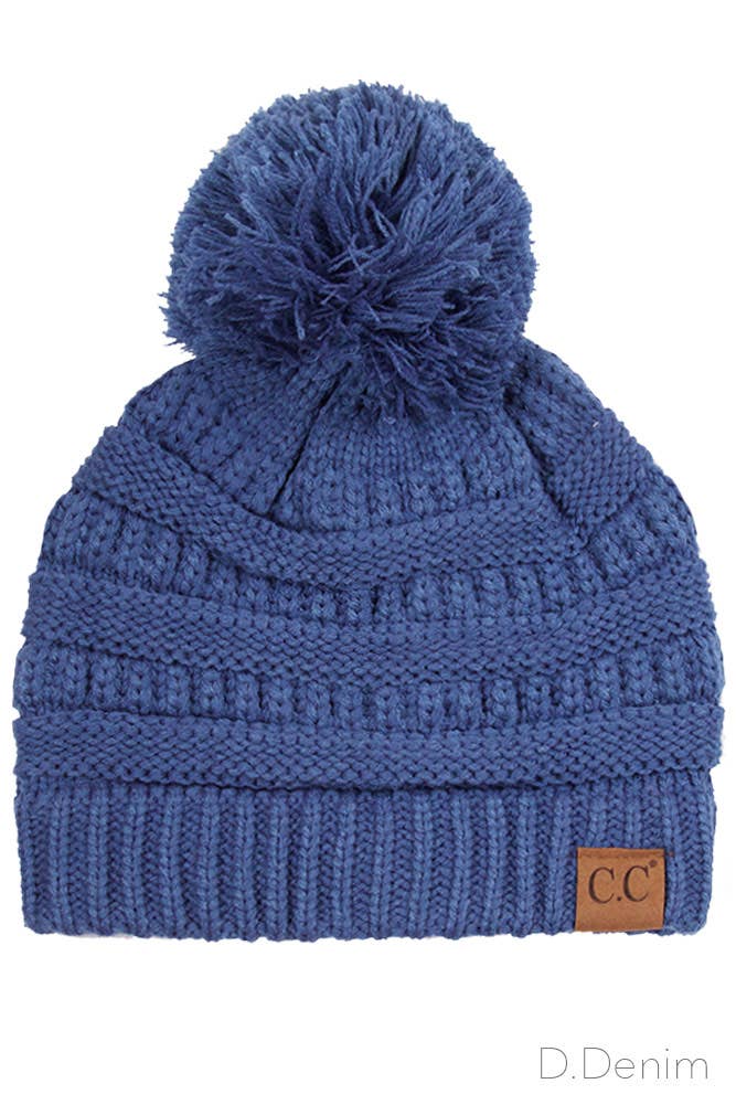 C.C Solid Classic Cable Knit Beanie With Pom Winter Hat